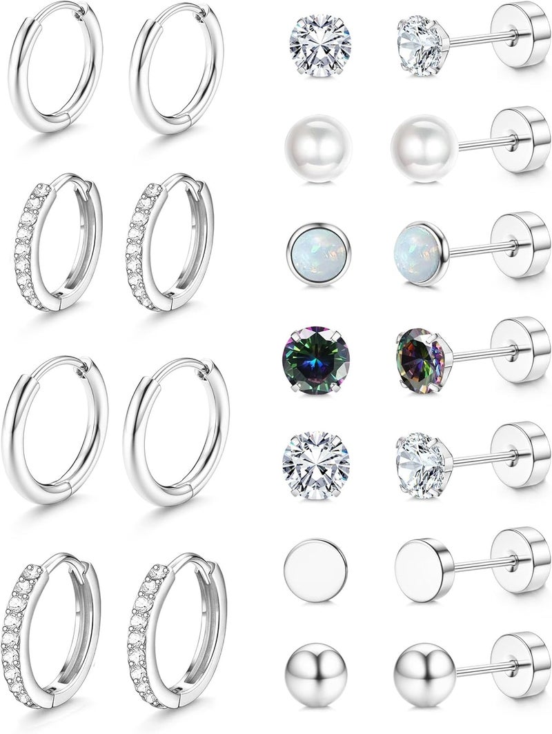 Jstyle Hypoallergenic Stud Hoop Earrings for Women Small Flat Back Surgical Stainless Steel Earrings for Sensitive Ears Trendy Silver Hoops Cartilage Earring Stacks Set Multiple Piercing Jewelry Gifts - Image 1